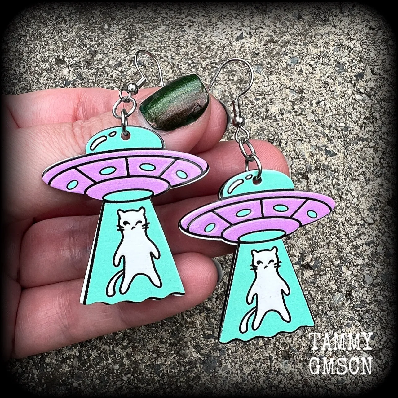 Space cat UFO earrings-Alien abduction earrings