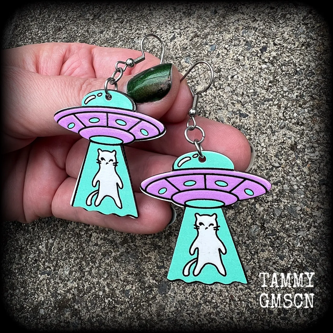 Space cat UFO earrings-Alien abduction earrings