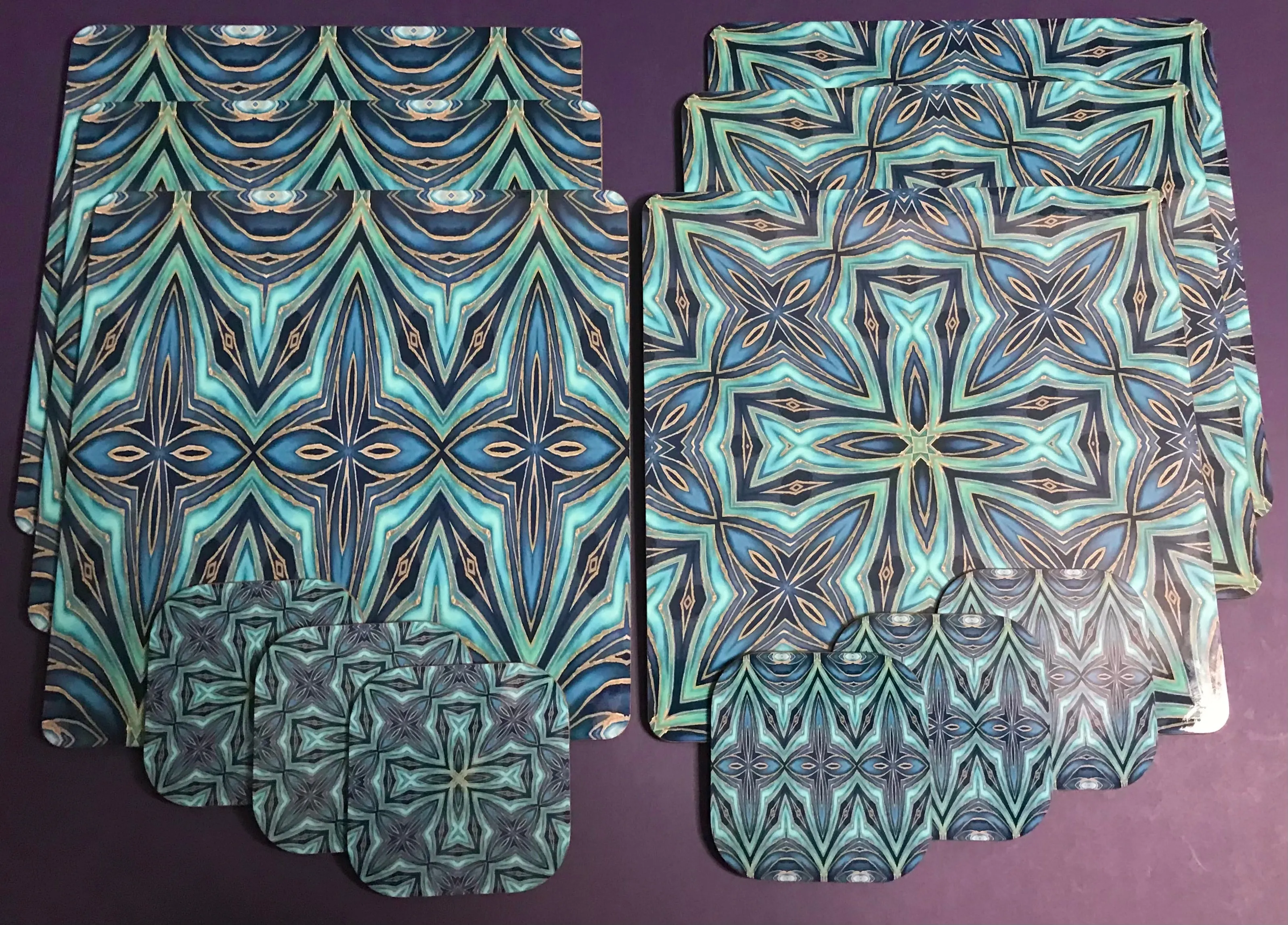 Teal Blue Geometric Fusion Square Table Mats & Coasters - Place