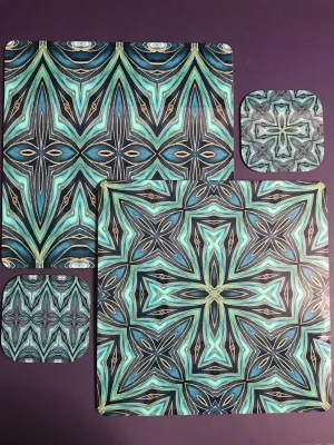 Teal Blue Geometric Fusion Square Table Mats & Coasters - Place