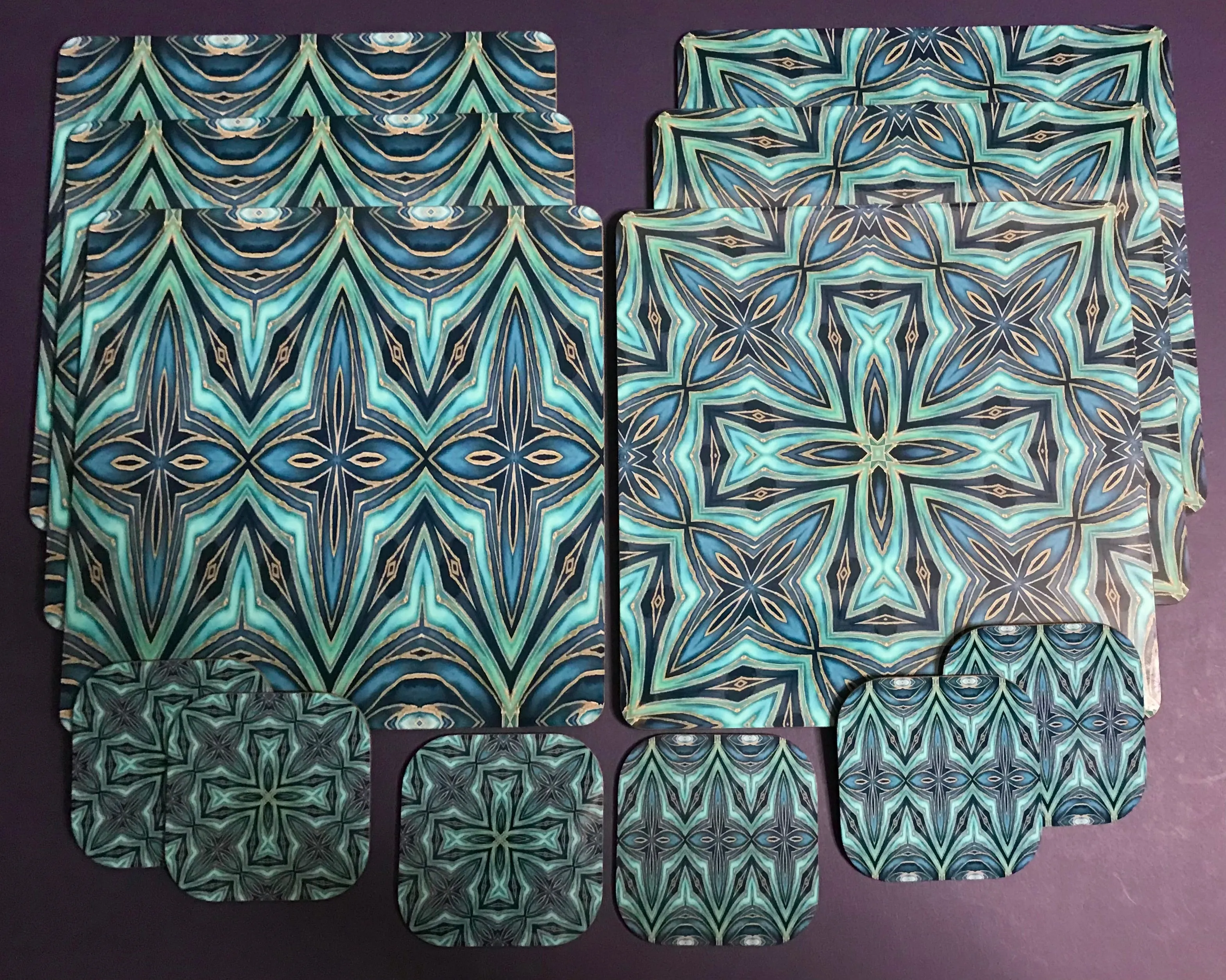 Teal Blue Geometric Fusion Square Table Mats & Coasters - Place