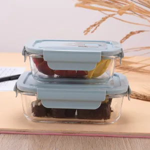 The Better Home Food Container With Snap Airtight Lid 2 Pcs (1040ml 680ml) Blue| Borosilicate Glass Container For Kitchen Storage Box Microwave Safe | Glass Tiffin Box| Lunch Box