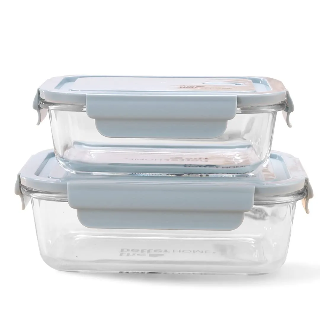 The Better Home Food Container With Snap Airtight Lid 2 Pcs (1040ml 680ml) Blue| Borosilicate Glass Container For Kitchen Storage Box Microwave Safe | Glass Tiffin Box| Lunch Box