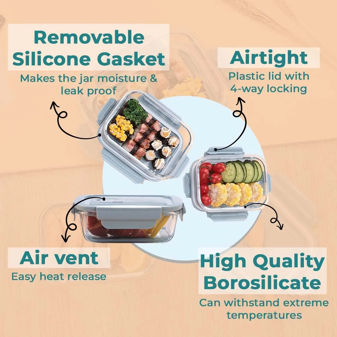 The Better Home Food Container With Snap Airtight Lid 2 Pcs (1040ml 680ml) Blue| Borosilicate Glass Container For Kitchen Storage Box Microwave Safe | Glass Tiffin Box| Lunch Box