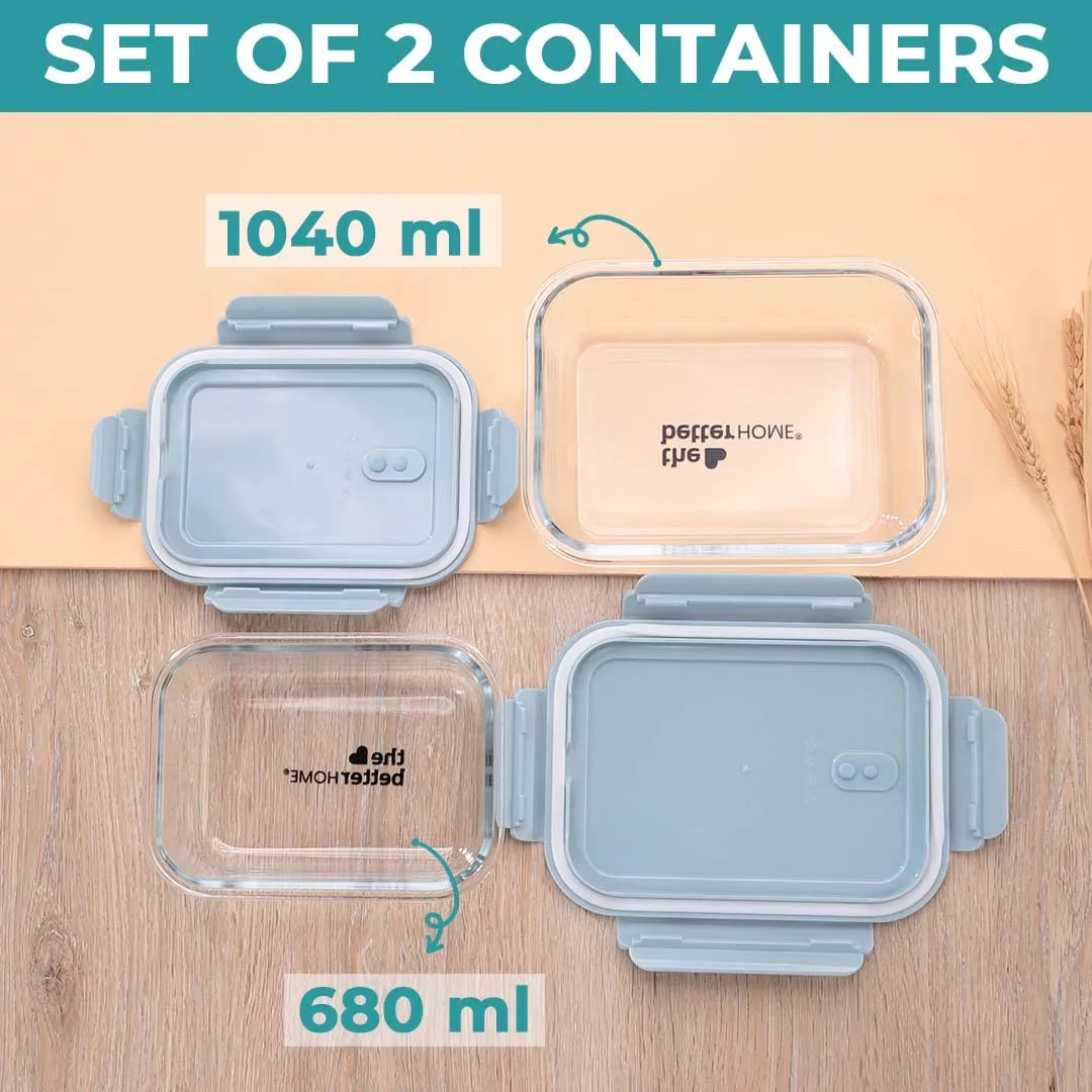 The Better Home Food Container With Snap Airtight Lid 2 Pcs (1040ml 680ml) Blue| Borosilicate Glass Container For Kitchen Storage Box Microwave Safe | Glass Tiffin Box| Lunch Box