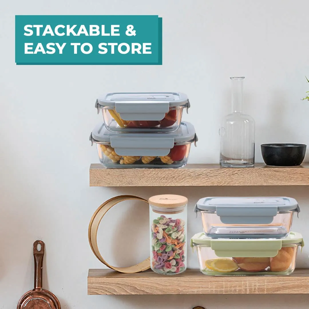 The Better Home Food Container With Snap Airtight Lid 2 Pcs (1040ml 680ml) Blue| Borosilicate Glass Container For Kitchen Storage Box Microwave Safe | Glass Tiffin Box| Lunch Box