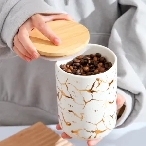 The Better Home UMAI 1000ml Ceramic Jar for Kitchen Storage | Air Tight Container Set with Bamboo Lid | Kitchen Container for Snacks, Tea, Sugar | Multipurpose Organizer | White with print (Set of 1)