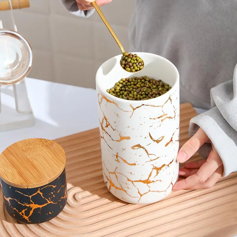 The Better Home UMAI 1000ml Ceramic Jar for Kitchen Storage | Air Tight Container Set with Bamboo Lid | Kitchen Container for Snacks, Tea, Sugar | Multipurpose Organizer | White with print (Set of 1)