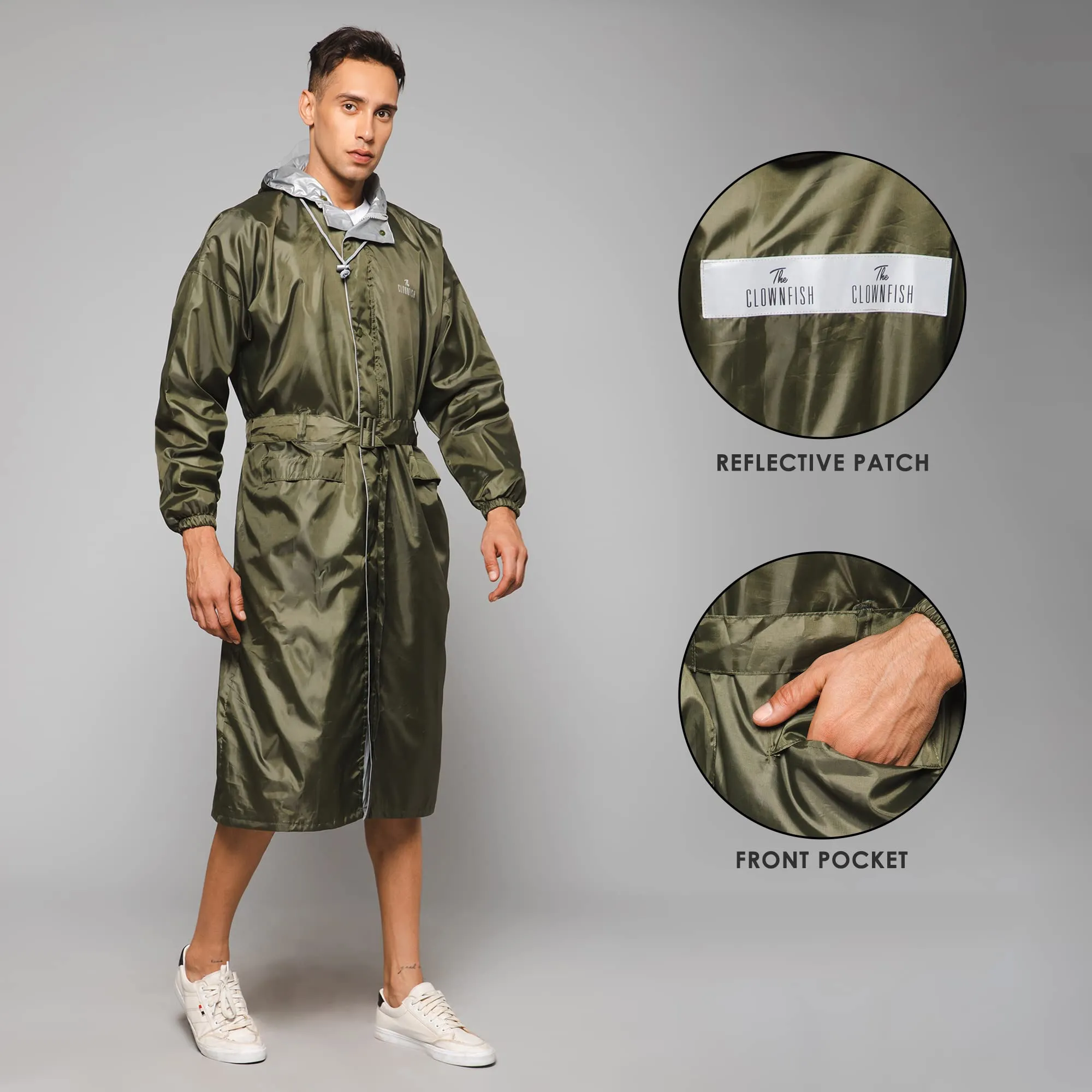 THE CLOWNFISH Polyester Reversible Use Unisex Waterproof Long Length Raincoat For Men And Women With Adjustable Hood And Reflector At Back For Night Visibility Opener Series (Mehendi-Free Size)