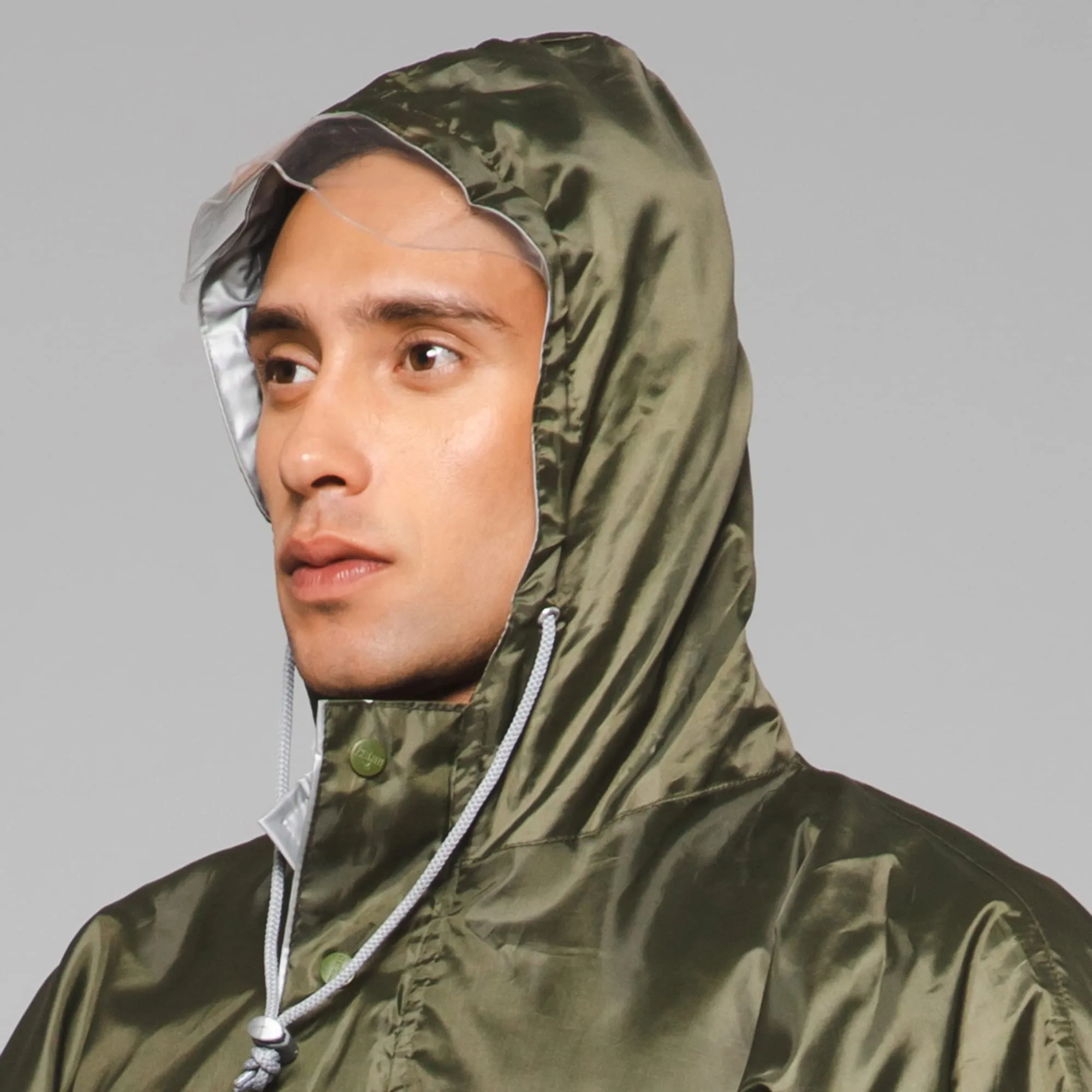 THE CLOWNFISH Polyester Reversible Use Unisex Waterproof Long Length Raincoat For Men And Women With Adjustable Hood And Reflector At Back For Night Visibility Opener Series (Mehendi-Free Size)