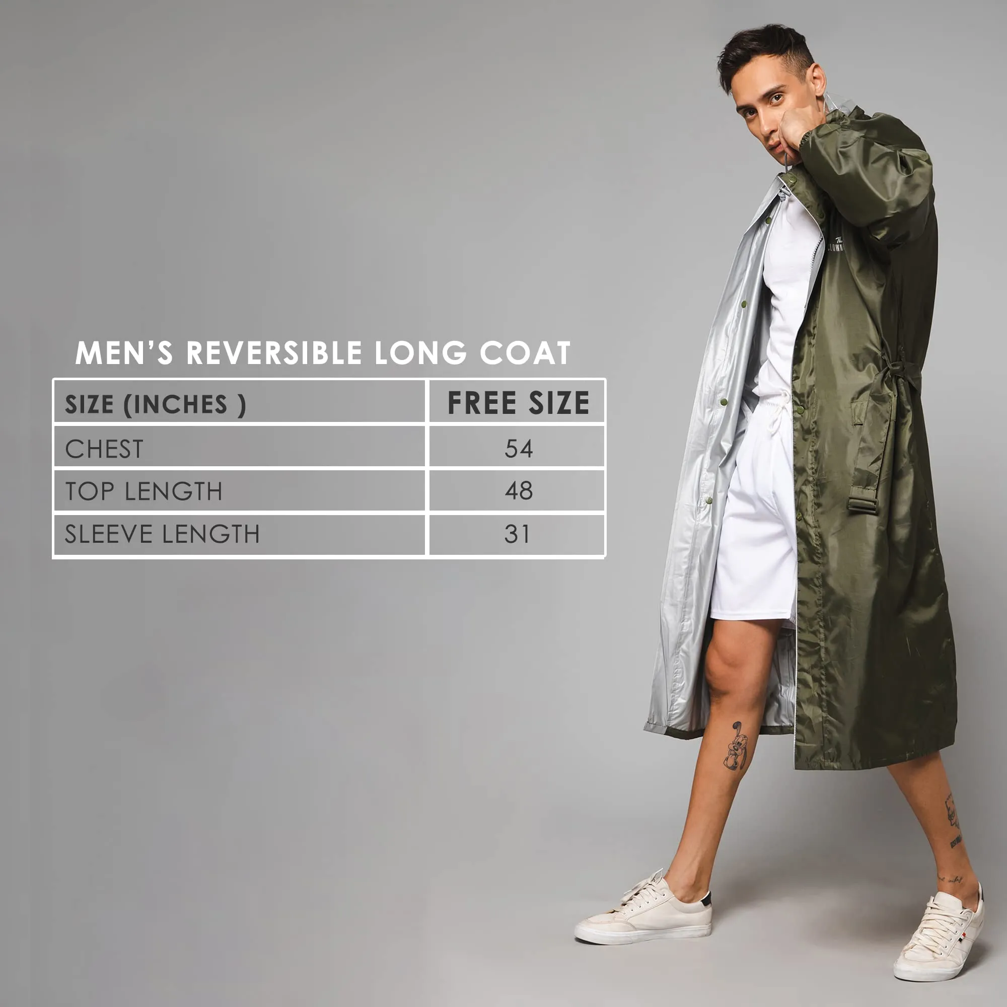 THE CLOWNFISH Polyester Reversible Use Unisex Waterproof Long Length Raincoat For Men And Women With Adjustable Hood And Reflector At Back For Night Visibility Opener Series (Mehendi-Free Size)