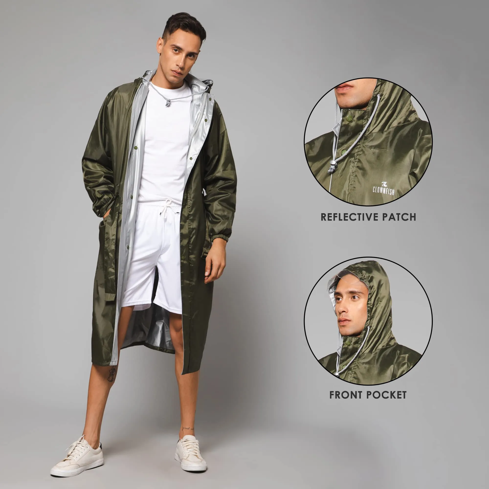 THE CLOWNFISH Polyester Reversible Use Unisex Waterproof Long Length Raincoat For Men And Women With Adjustable Hood And Reflector At Back For Night Visibility Opener Series (Mehendi-Free Size)