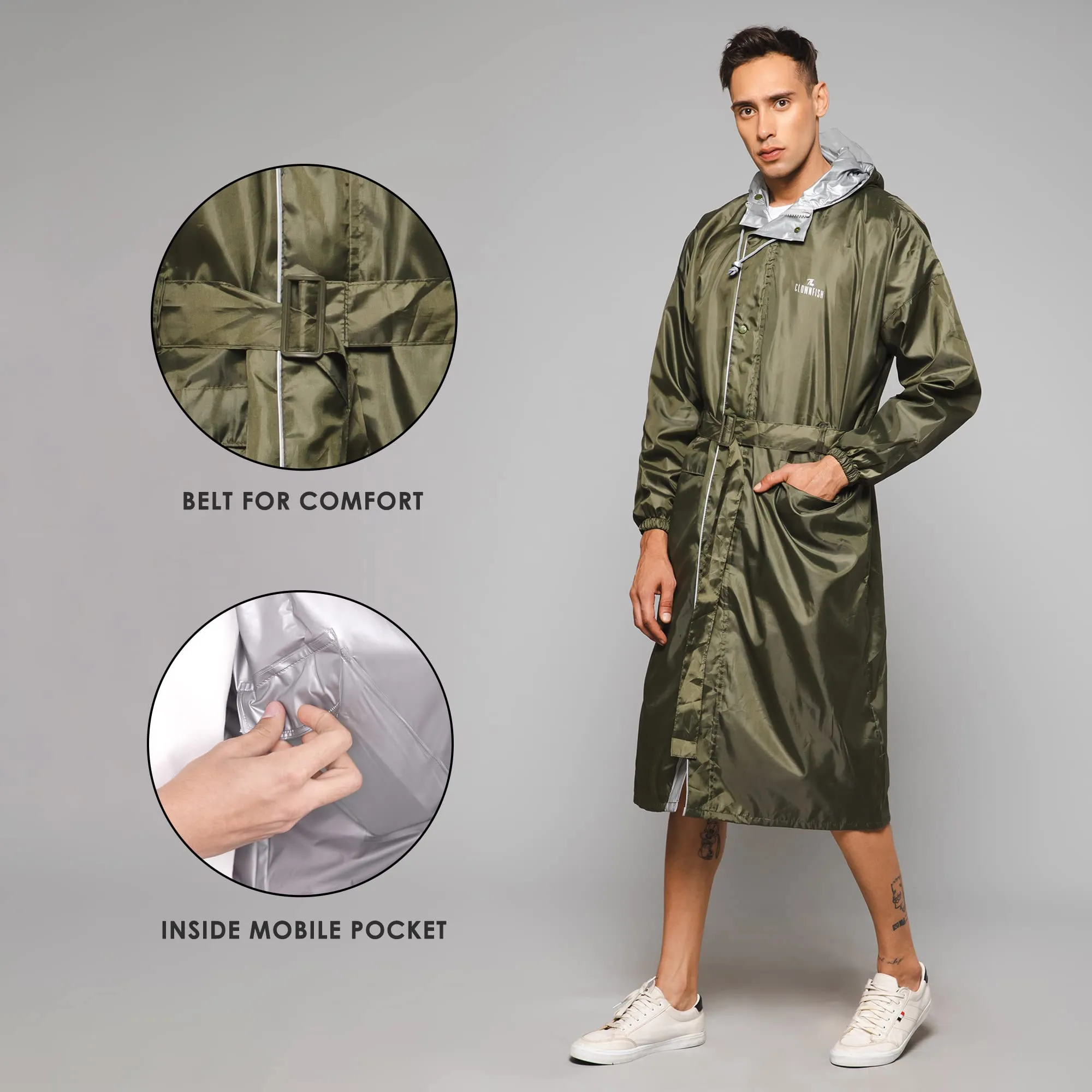 THE CLOWNFISH Polyester Reversible Use Unisex Waterproof Long Length Raincoat For Men And Women With Adjustable Hood And Reflector At Back For Night Visibility Opener Series (Mehendi-Free Size)