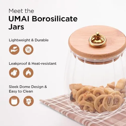 UMAI Borosilicate Glass Jar with Bamboo Lid | Kitchen Organizer Items and Storage | Multi-utility, Leakproof, Airtight Storage Jar for Cookies, Snacks, Tea, Coffee, Sugar (680 ml)