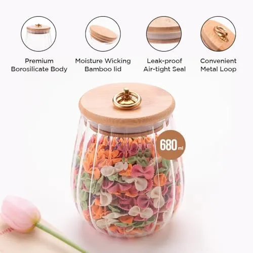 UMAI Borosilicate Glass Jar with Bamboo Lid | Kitchen Organizer Items and Storage | Multi-utility, Leakproof, Airtight Storage Jar for Cookies, Snacks, Tea, Coffee, Sugar (680 ml)