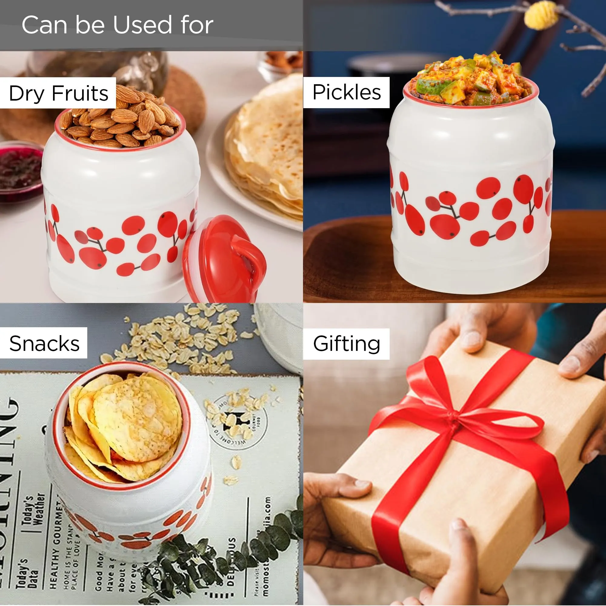 UMAI Ceramic Jars For Kitchen Storage With Lid | Storage Containers For Kitchen | Airtight Ceramic Container | Multipurpose Jar for Pickle Grains Pulses | 2.5 Litre | White | Printed |