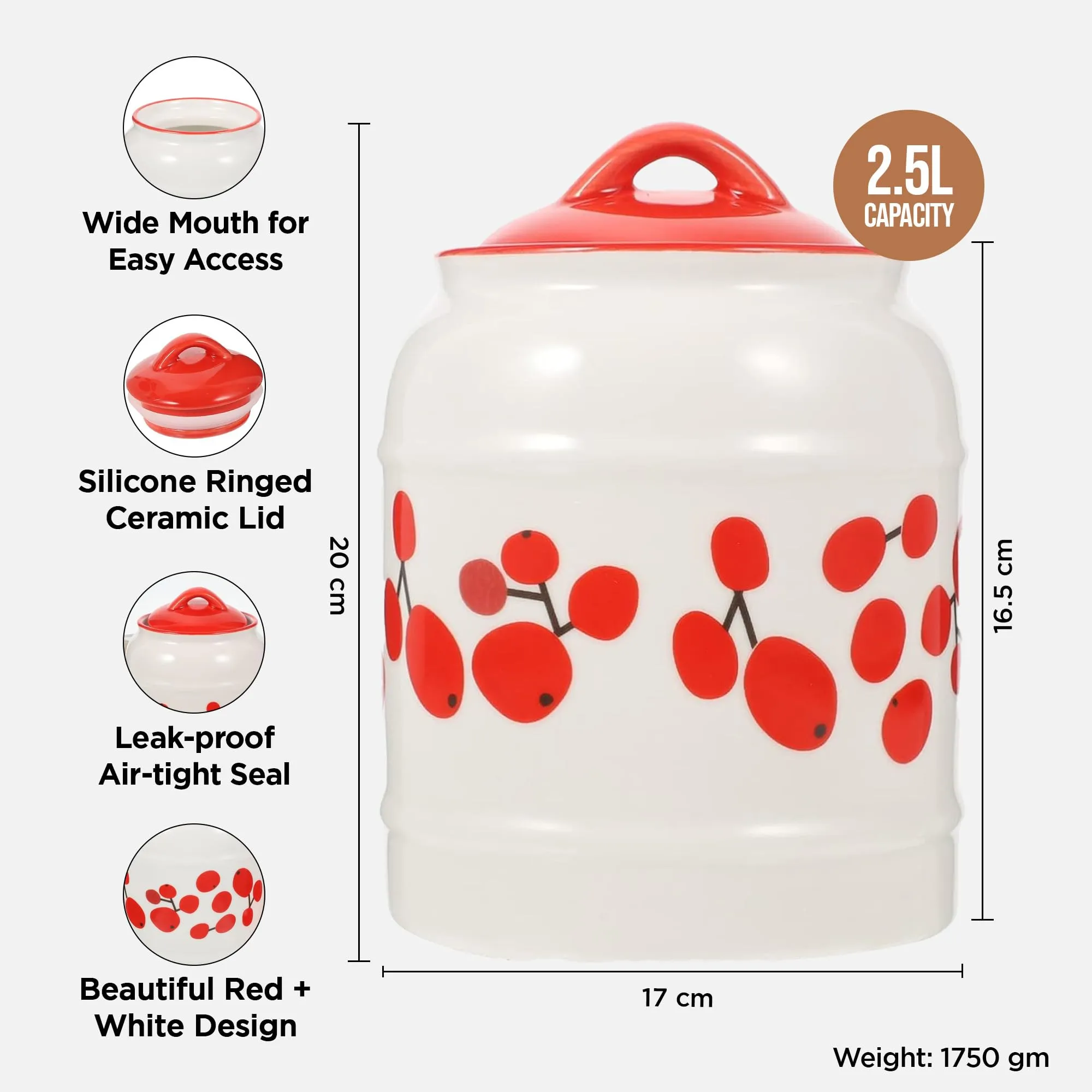 UMAI Ceramic Jars For Kitchen Storage With Lid | Storage Containers For Kitchen | Airtight Ceramic Container | Multipurpose Jar for Pickle Grains Pulses | 2.5 Litre | White | Printed |