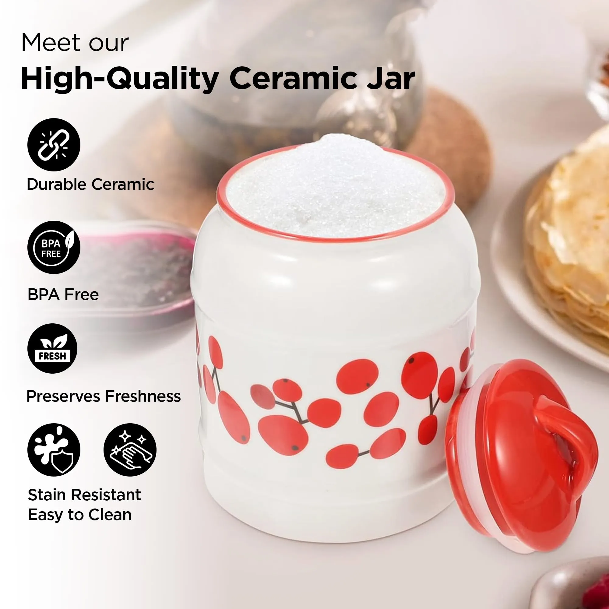 UMAI Ceramic Jars For Kitchen Storage With Lid | Storage Containers For Kitchen | Airtight Ceramic Container | Multipurpose Jar for Pickle Grains Pulses | 2.5 Litre | White | Printed |