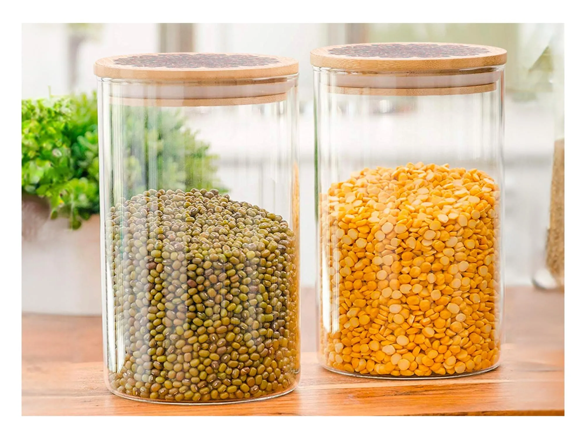 UMAI Pack of 2 Kitchen Containers Set Glass Jars with Printed Bamboo Lids I Airtight Storage for Cookies, Snacks, Spices I 1000ml Each | Multiutility Borosilicate Jars for Tea, Coffee, Sugar