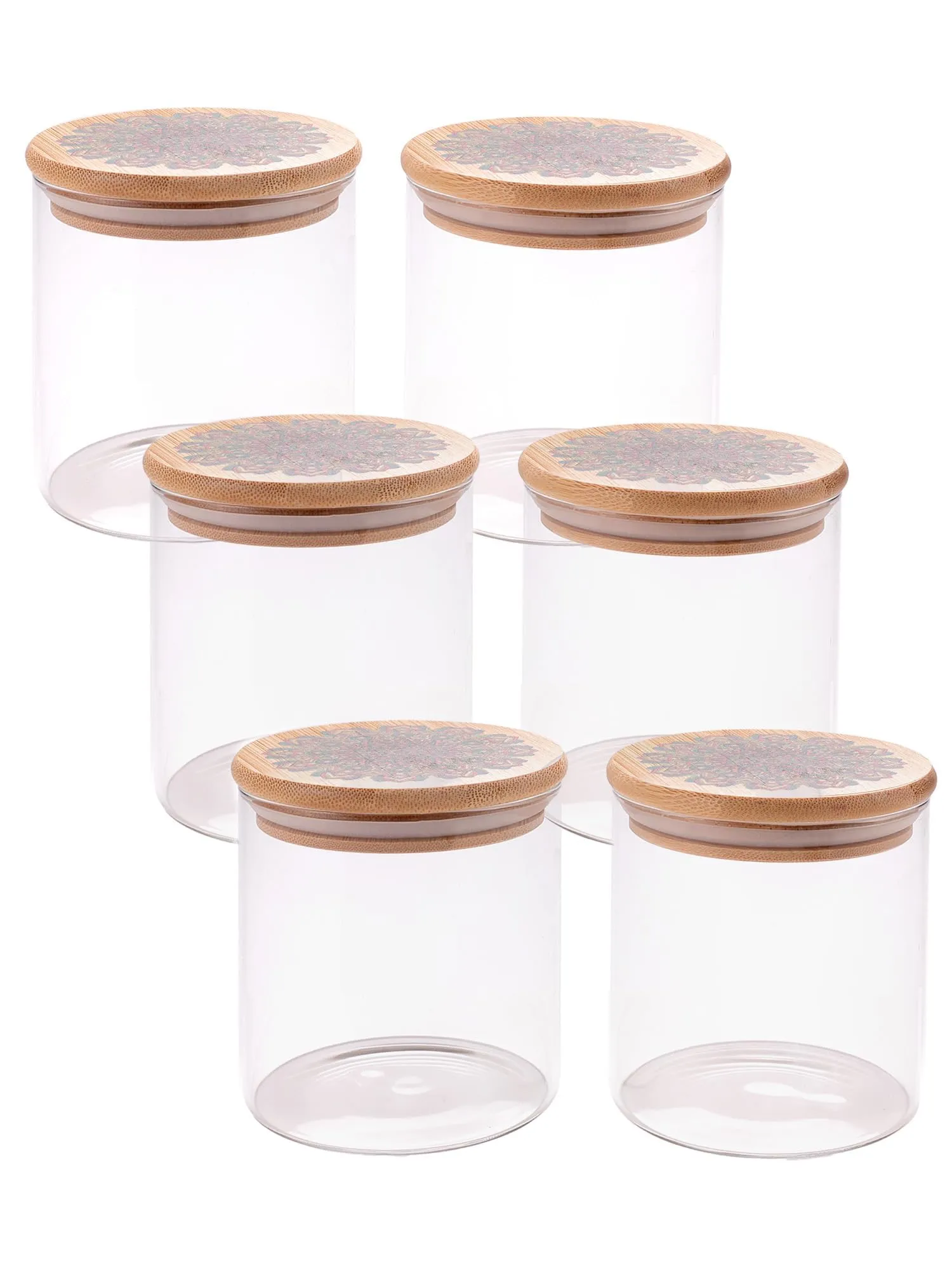 UMAI Pack of 6 Kitchen Containers Set Glass Jars with Printed Bamboo Lids I Airtight Storage for Cookies, Snacks, Spices I 300ml Each | Multiutility Borosilicate Jars for Tea, Coffee, Sugar