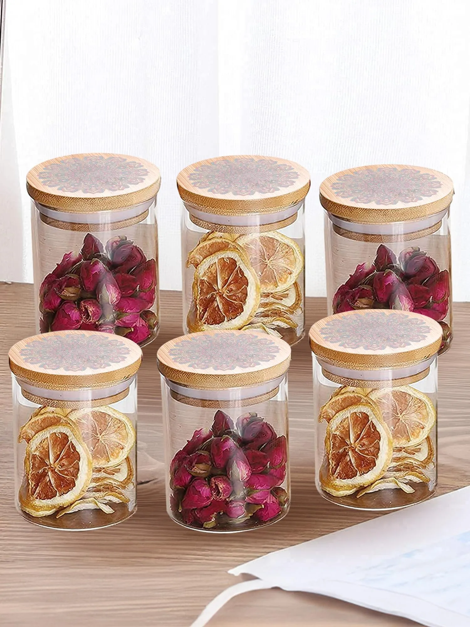 UMAI Pack of 6 Kitchen Containers Set Glass Jars with Printed Bamboo Lids I Airtight Storage for Cookies, Snacks, Spices I 300ml Each | Multiutility Borosilicate Jars for Tea, Coffee, Sugar