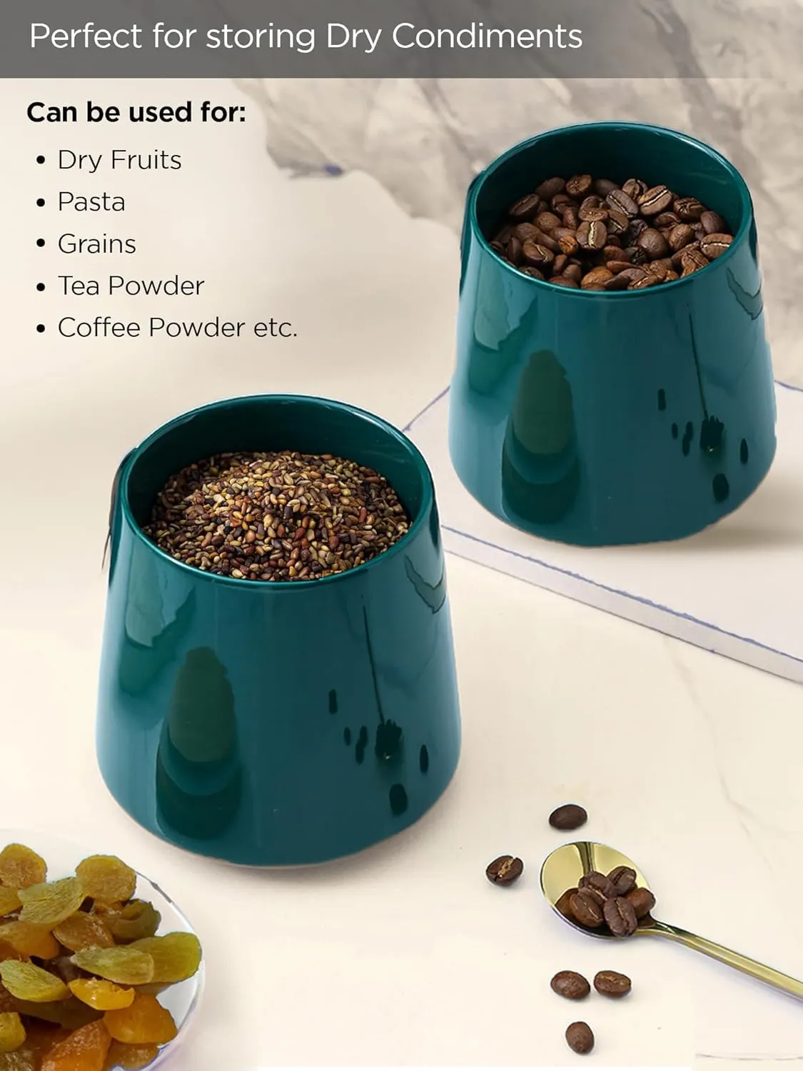 USHA SHRIRAM Ceramic Jar Set (3 Pcs - 500ml, 700ml, 850ml) Container For Kitchen Storage Box | Spice Jars For Kitchen |Air Tight Kitchen Jars & Containers Set With Lid For Storage | Green