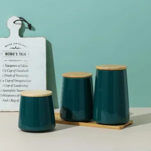 USHA SHRIRAM Ceramic Jar Set (3 Pcs - 500ml, 700ml, 850ml) Container For Kitchen Storage Box | Spice Jars For Kitchen |Air Tight Kitchen Jars & Containers Set With Lid For Storage | Green