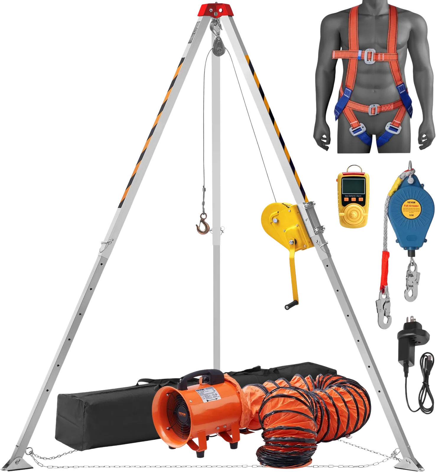 Vevor Confined Space Tripod Kit 2600 Lbs. Winch 8' Legs 98' Cable 32.8' Fall Arrester Harness Blower and Gas Detector New