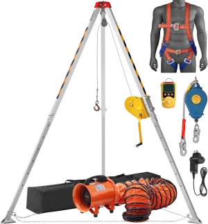 Vevor Confined Space Tripod Kit 2600 Lbs. Winch 8' Legs 98' Cable 32.8' Fall Arrester Harness Blower and Gas Detector New