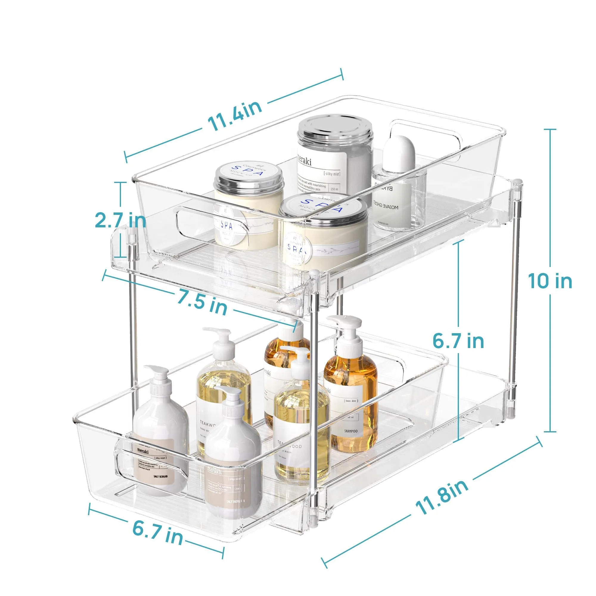 Vtopmart 4 Pack Bathroom Storage Organizer, 2 Tier Clear Under Sink Organizers Vanity Countertop Storage Container, Medicine Cabinet Drawers Bins, Pull-Out Organization with Track for Pantry, Kitchen