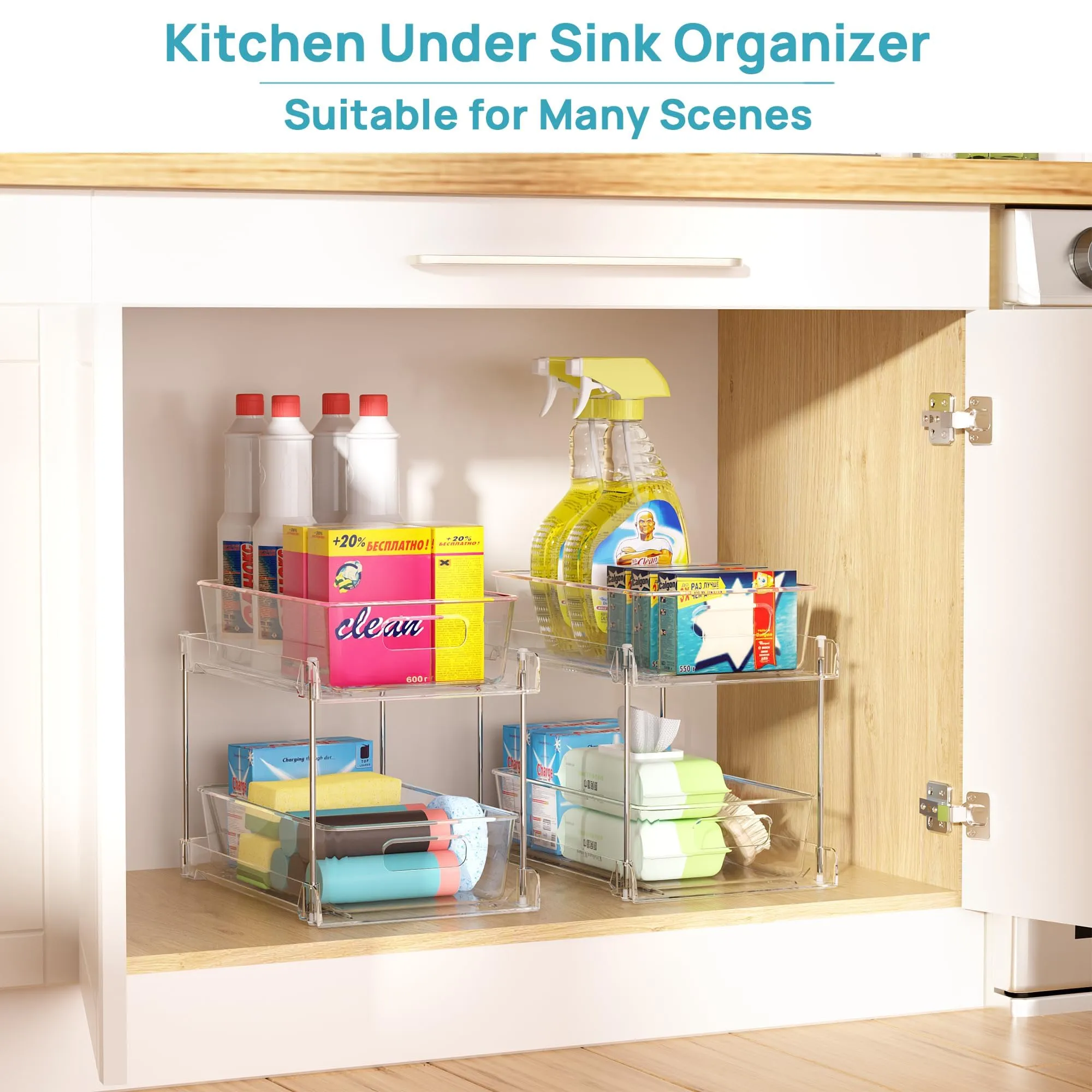 Vtopmart 4 Pack Bathroom Storage Organizer, 2 Tier Clear Under Sink Organizers Vanity Countertop Storage Container, Medicine Cabinet Drawers Bins, Pull-Out Organization with Track for Pantry, Kitchen