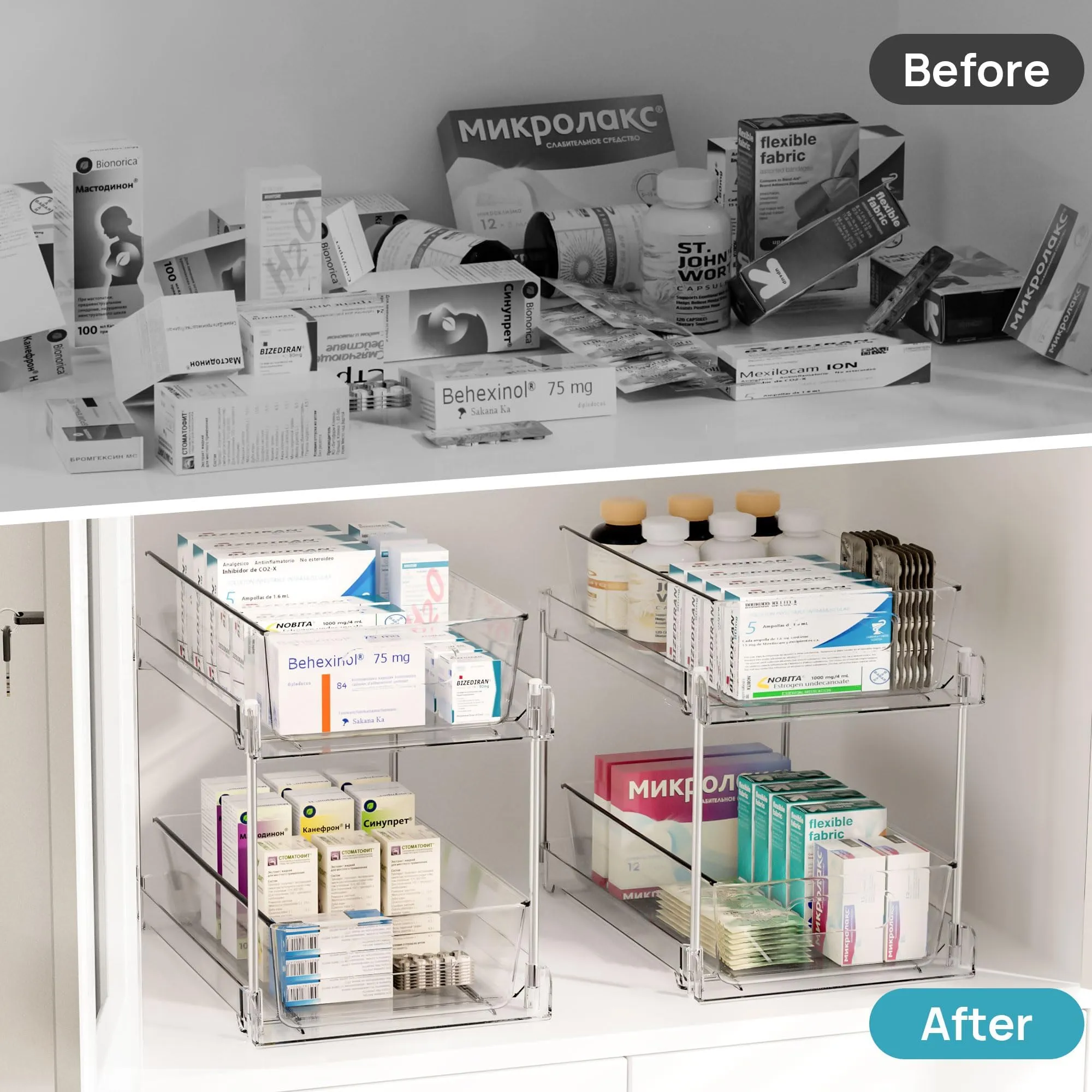 Vtopmart 4 Pack Bathroom Storage Organizer, 2 Tier Clear Under Sink Organizers Vanity Countertop Storage Container, Medicine Cabinet Drawers Bins, Pull-Out Organization with Track for Pantry, Kitchen