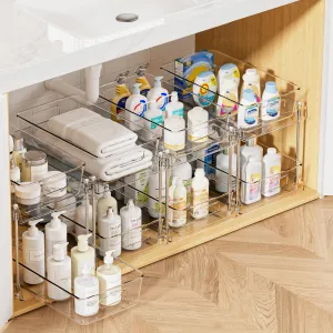 Vtopmart 4 Pack Bathroom Storage Organizer, 2 Tier Clear Under Sink Organizers Vanity Countertop Storage Container, Medicine Cabinet Drawers Bins, Pull-Out Organization with Track for Pantry, Kitchen