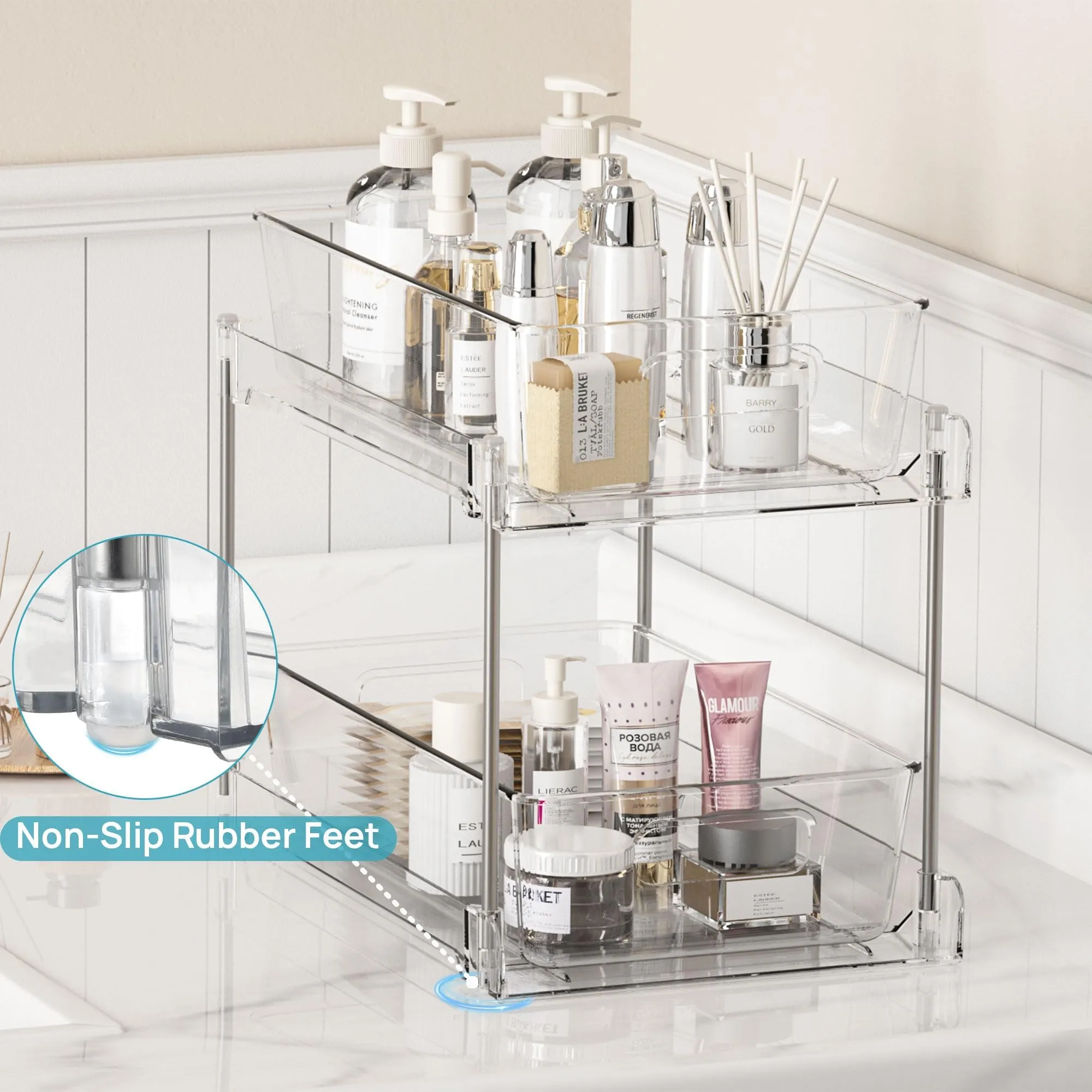 Vtopmart 4 Pack Bathroom Storage Organizer, 2 Tier Clear Under Sink Organizers Vanity Countertop Storage Container, Medicine Cabinet Drawers Bins, Pull-Out Organization with Track for Pantry, Kitchen