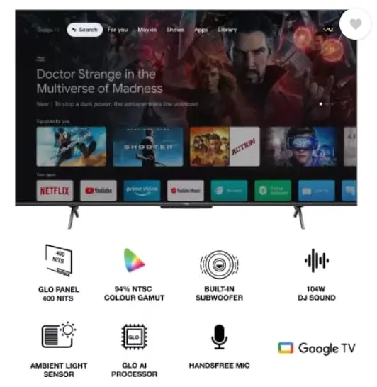 Vu Glo LED 65 inch Ultra Smart Google TV with 104W  3 Years Warranty
