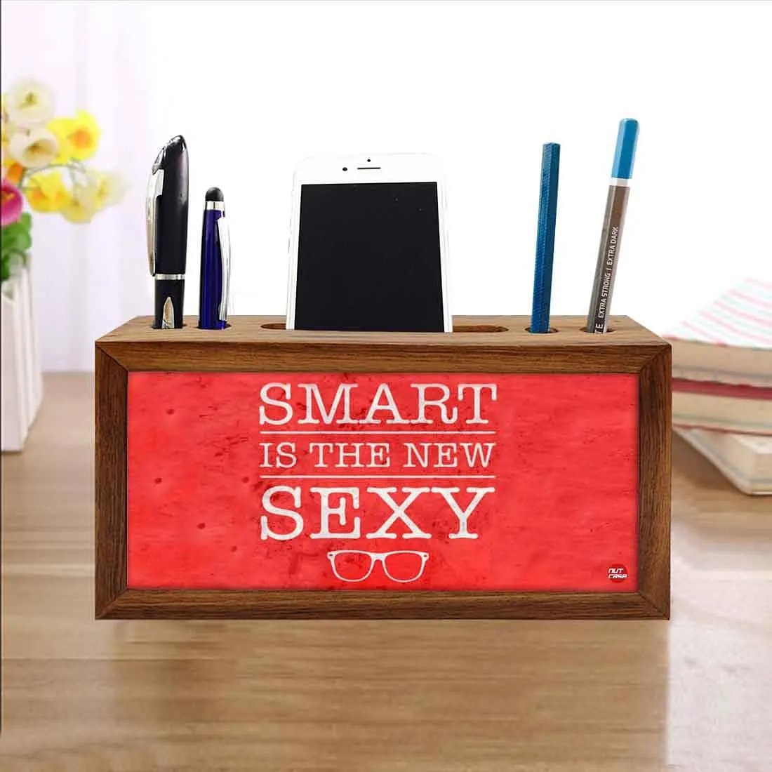 Wood desktop organizer Pen Mobile Stand - Smart Is The New